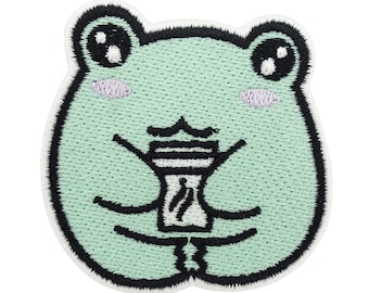 Patch zum Aufbügeln - Kaffeepausen Frosch | Kaffee Aufnäher Patch, Cute Bügel Patches, Bügelbild Klein, Frog Flicken