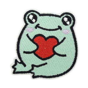 Toppa termoadesiva - Rana di supporto emotivo | Toppa a forma di cuore, toppe termoadesive per bambini, applicazione termoadesiva a forma di rana, toppa carina