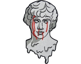 Toppa termoadesiva Bleeding Stature per giacche di jeans | Toppe mitologiche, toppe termoadesive con sangue, toppe bianche rosse, toppe artistiche per adulti