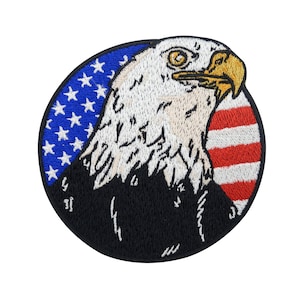 May include: Embroidered patch featuring a bald eagle with a white head and black body, set against a circular background of the American flag. The eagle's beak is yellow and its eyes are brown.