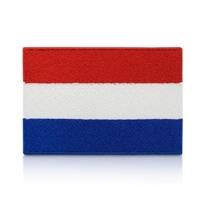 May include: A red, white and blue embroidered patch featuring the colours of the Dutch flag.