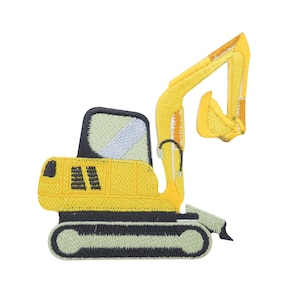 Könnte beinhalten: Gelber gestickter Bügelaufkleber mit einem Spielzeugbagger mit schwarzer Raupe und gelbem Arm.