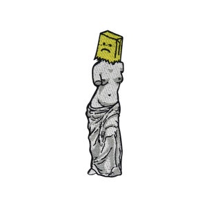 May include: A white statue of the Venus de Milo with a paper bag over its head. The paper bag has a sad face drawn on it.