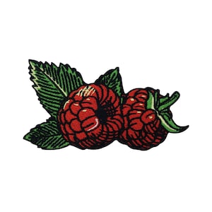 May include: Two red raspberries with green leaves. The raspberries are embroidered with a detailed design.