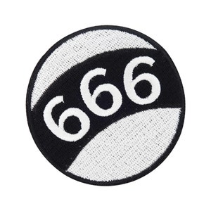 May include: Black and white round patch with the number 666 embroidered in white.