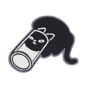 May include: Black and white embroidered iron-on patch of a cat curled up inside a can.