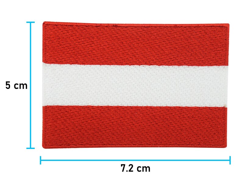 May include: A red, white, and red embroidered patch of the Austrian flag. The patch measures 7.2 inches by 5 inches.