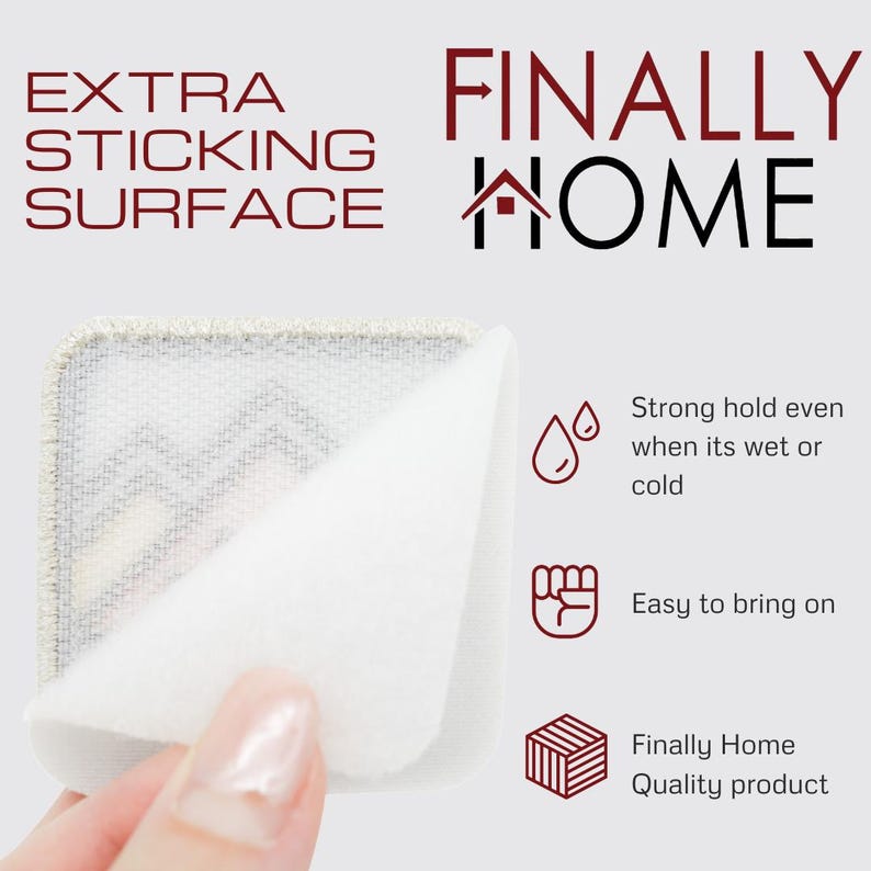 May include: A white patch with a textured surface and a white backing. The patch has the text "FINALLY HOME" printed on it in black. The patch is shown with its backing peeled back to reveal the adhesive. The text "EXTRA STICKING SURFACE" is printed in red at the top of the image. The text "Strong hold even when its wet or cold", "Easy to bring on", and "Finally Home Quality product" is printed in red on the right side of the image.