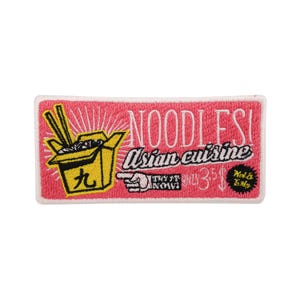 May include: A rectangular patch with a pink background and white border. The patch features the word "NOODLES!" in white, along with "Asian cuisine" and a graphic of a takeout box with noodles and chopsticks. The text "TRY IT NOW!" and "ONLY 3$" are also included.