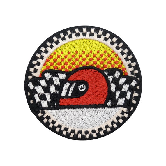 automobile racing vintage helmet icon flag Iron-on Patch - Motorsport Helmet With Checkered Flag | Sports Car Patches,  Racing Iron-on Retro Flag, Motorsport Car Patch