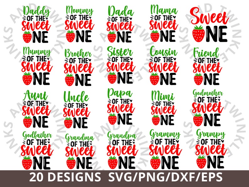 K&ouml;nnte beinhalten: Zwanzig Designs f&uuml;r eine "Sweet One" SVG-Schnittdatei. Jedes Design zeigt eine Erdbeere und einen Text, der "Sweet One" sagt, mit einem anderen Familienmitgliedstitel dar&uuml;ber. Die Titel umfassen "Papa", "Mama", "Opa", "Oma", "Tante", "Onkel", "Schwester", "Bruder", "Cousin", "Freund", "Gotte", "Pate", "Mimi", "Papa", "Mama", "Freund", "Opa" und "Oma".