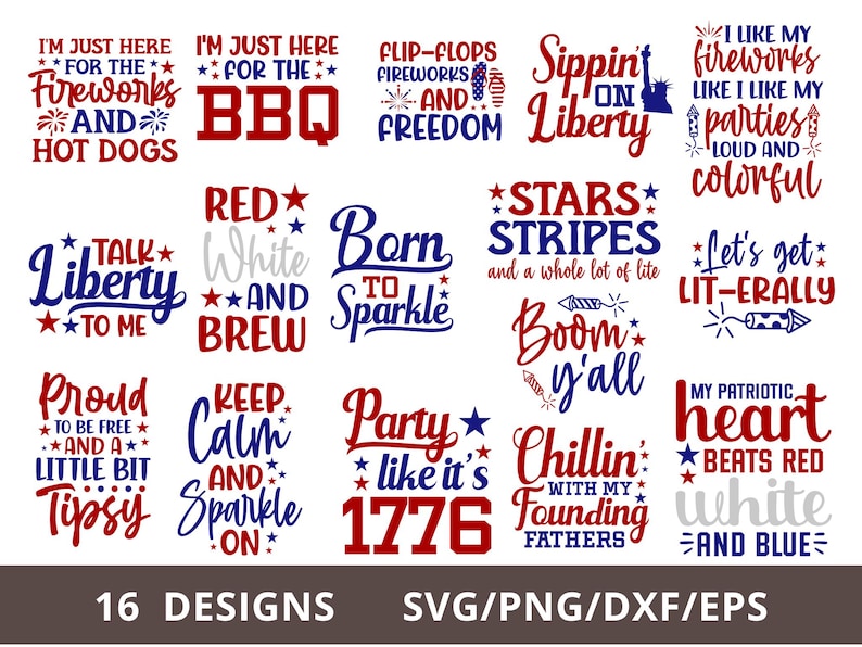 Pode incluir: Uma cole&ccedil;&atilde;o de 16 designs patri&oacute;ticos com texto vermelho, branco e azul com estrelas e fogos de artif&iacute;cio. Os designs incluem frases como "Sippin' on Liberty", "Born to Sparkle", e "Let's get Lit-erally".