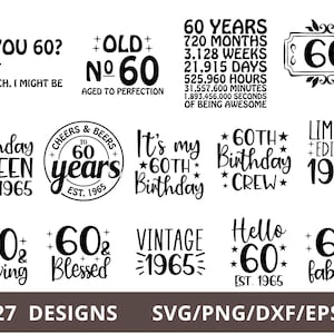 60e anniversaire SVG Bundle, vintage 1965 anniversaire Svg Png, soixante anniversaire Svg pour chemises, Bonjour 60 soixantième anniversaire Svg coupe Cricut