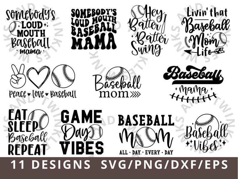 Op de afbeelding: Elf zwart-witte SVG-ontwerpen met een baseballthema. De ontwerpen bevatten zinnen zoals "Somebody's Loud Mouth Baseball Mama", "Baseball Mom", "Game Day Vibes" en "Baseball Vibes".