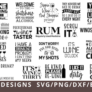 K&ouml;nnte beinhalten: Ein schwarz-wei&szlig;es Grafikdesignblatt mit 40 verschiedenen Designs mit Wein-bezogenen Wortspielen und Spr&uuml;chen. Die Designs beinhalten S&auml;tze wie "Wine Loading", "Professional Wine Taster", "It's Wine O'Clock" und "Drink Mode On".