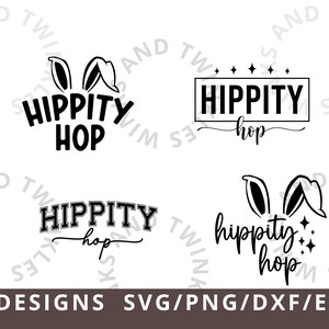 Może przedstawiać: Cztery czarno-białe projekty z tekstem "Hippity Hop" i uszami króliczka. Projekty idealnie nadają się do tworzenia ozdób wielkanocnych, dekoracji lub odzieży.