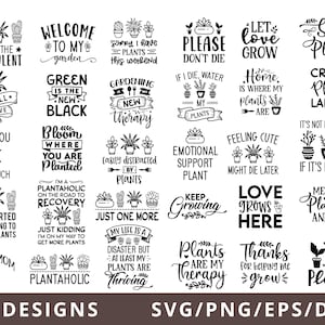 Può includere: Una collezione di 30 disegni a tema piante in bianco e nero, con citazioni e illustrazioni di piante grasse e piante in vaso. Il testo include frasi come "Welcome to my garden" e "Amo le piante".