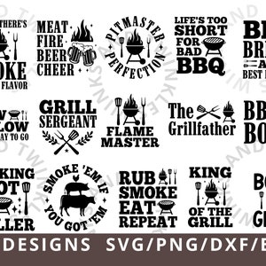 May include: A set of 31 black and white digital designs featuring various grilling and barbecue related phrases and images. The designs include phrases like "Meat Fire Beer Cheer", "Low & Slow", "Smoking Hot Griller", "Grill Sergeant", "Flame Master", "The Grillfather", "BBQ Boss", "Rub Smoke Eat Repeat", "King of the Grill", and "Born to Grill".