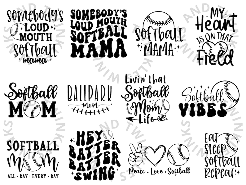 May include: Black and white graphic designs with softball themes. Some designs include the text "Softball Mom", "Somebody's Loud Mouth Softball Mama", "Livin' That Softball Mom Life", and "Eat Sleep Softball Repeat".