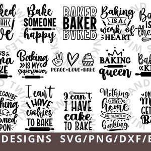 K&ouml;nnte beinhalten: Ein Set mit 30 schwarzen und wei&szlig;en digitalen Dateien im SVG-, PNG-, DXF- und EPS-Format mit Backmotiven und Spr&uuml;chen. Die Spr&uuml;che beinhalten "Baked with love", "Bake someone happy", "I can't have cookies to bake" und "Baking is my superpower".