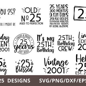 Pakiet SVG z okazji 25. urodzin, Vintage 2001 Birthday SVG PNG, Dwudzieste piąte urodziny SVG na koszulki, Witaj 25. urodziny SVG, 25 lat urodzin SVG