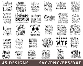 Puede incluir: Una colección de 45 diseños con temática de vino en blanco y negro. Los diseños presentan varias citas y frases relacionadas con el vino, como "El vino es más barato que la terapia" y "Hakuna Moscato". La imagen también incluye información sobre el tipo de archivo.