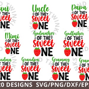 K&ouml;nnte beinhalten: Zwanzig Designs f&uuml;r SVG-, PNG-, DXF- und EPS-Dateien mit einer Erdbeergrafik und dem Text "of the sweet one" mit verschiedenen Familienmitgliedstiteln, darunter "Aunt", "Uncle", "Papa", "Mimi", "Godmother", "Godfather", "Grandma", "Grandpa", "Grammy" und "Grampy".