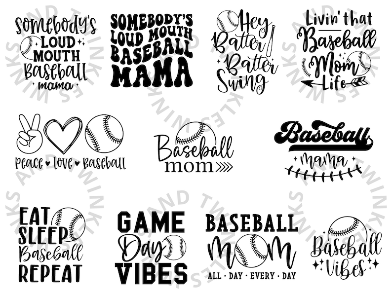 Op de afbeelding: Een verzameling zwart-witte SVG-ontwerpen met een baseballthema. De ontwerpen bevatten zinnen zoals "Somebody's Loud Mouth Baseball Mama", "Baseball Mom", "Game Day Vibes" en "Baseball Vibes".