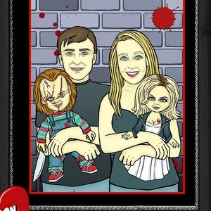 Retrato personalizado de la novia de Chucky, obra de Child's Play, dibujado a mano, para fan art, película de terror espeluznante, cómic, ideas para bodas, regalos de aniversario y cumpleaños.