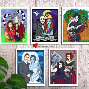 Tim Burton-stijl aangepaste portretten foto naar handgetekende kunst Valentijnsdag Goth paar verloving huwelijksverjaardag verjaardag verloofde geschenken