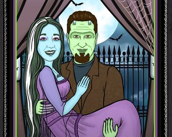 Custom Portrait Hand Drawn as Lily &Herman Munster Photo to Art Creepy Goth Decor Gifts for Her Him Halloween Wedding Anniversary Birthday