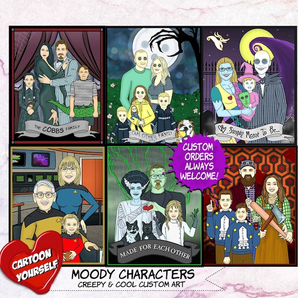Custom Family Portrait Hand Drawn Photo to Art Comic Sci-Fi Horror Illustration Cartoon Yourself Anniversary Birthday Gifts for Her Him Them