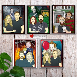 Custom Cartoon Portrait Hand Drawn Horror Movie Personalized Art, Wedding Anniversary Birthday Gifts  Creepy Cute Halloween Decor