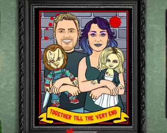 Childs Play Bride of Chucky Custom Portrait Hand Drawn Photo to Fan Art Creepy Horror Movie comic Wedding Ideas Anniversary Birthday Gifts