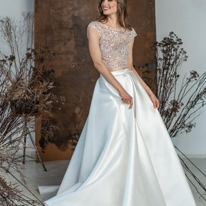 Pailletten Cape Ärmel getrennt Top, Modernes Hochzeitskleid, Funkelnde Brautkleid, Zweiteiliges Brautkleid Bild 6