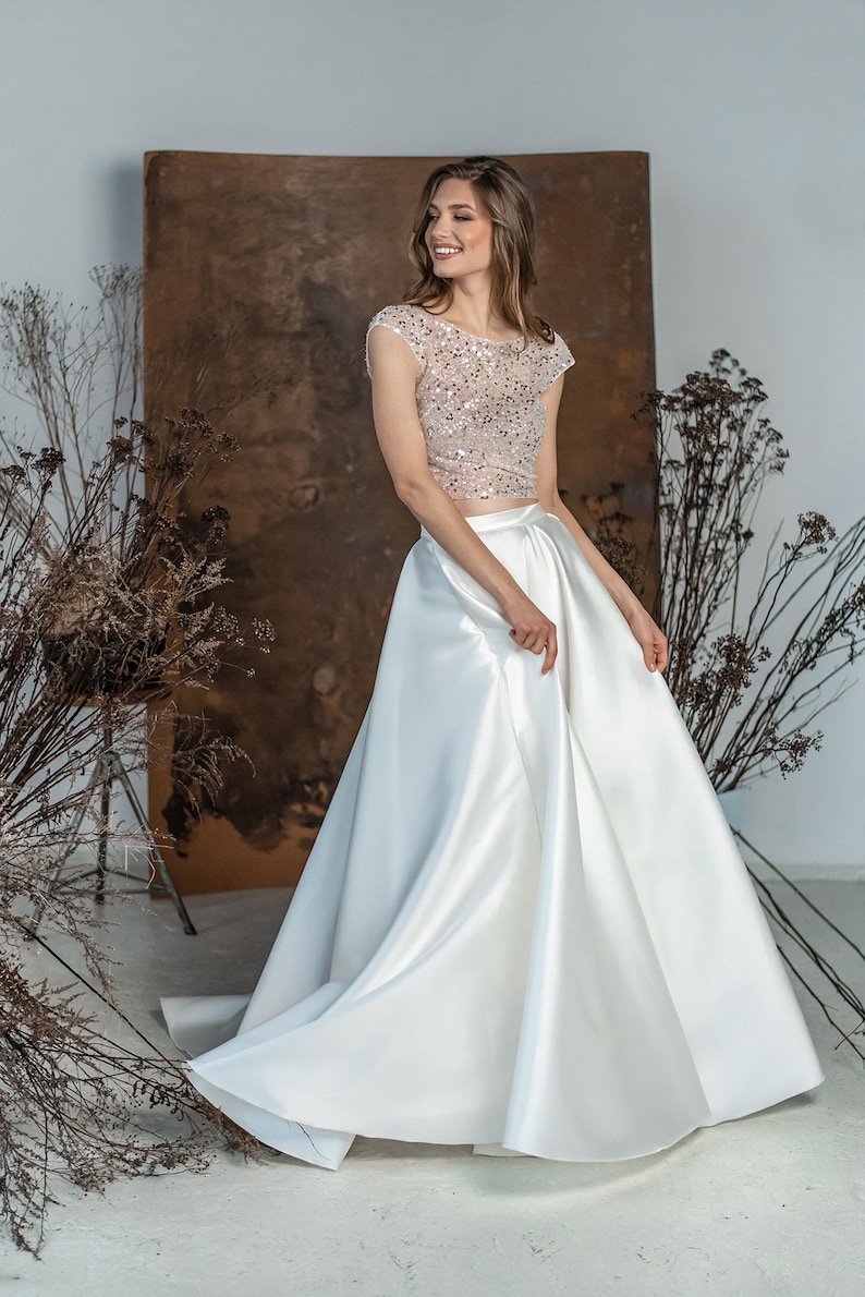 Pailletten Cape Ärmel getrennt Top, Modernes Hochzeitskleid, Funkelnde Brautkleid, Zweiteiliges Brautkleid Bild 6