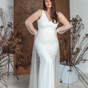 Pearl overlay gown, Modern wedding dress, Bishop sleeve, V shaped dress image 6