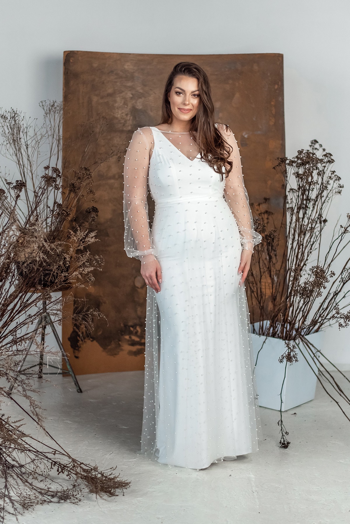 Beaded Overlay V-Neck Gown with Spaghetti Straps | David's Bridal