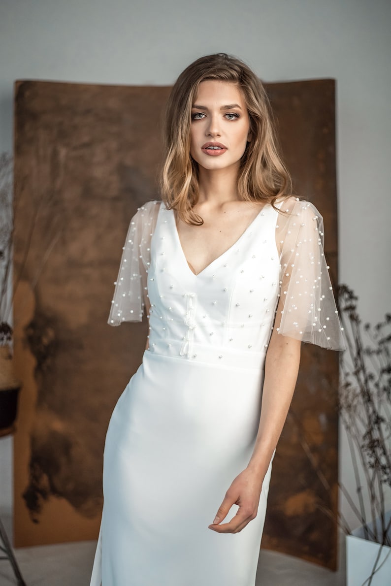 Pearl Overlay Top Modern Wedding Dress Angel Sleeve V - Etsy