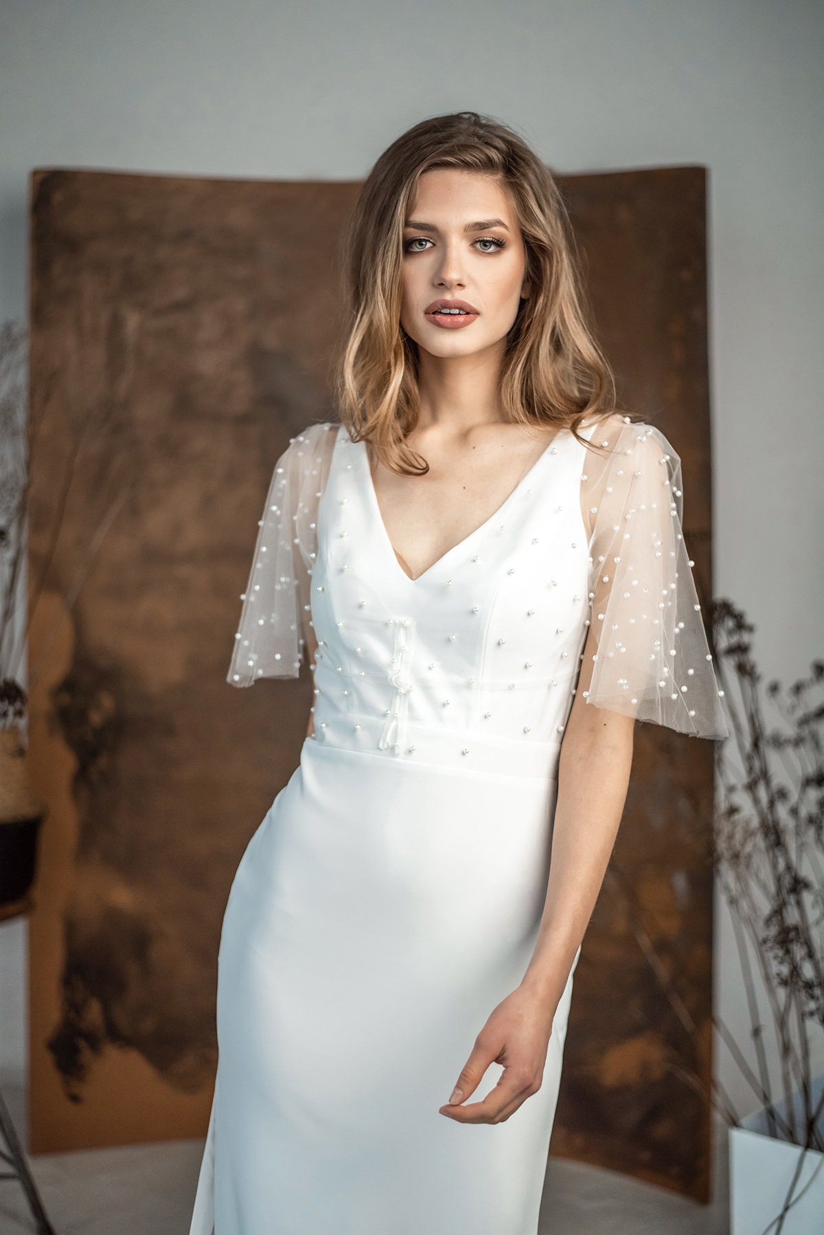 トップス MARRY ME angel perl blouse Pearl Overlay Top, Modern Wedding Dress, Angel Sleeve, V