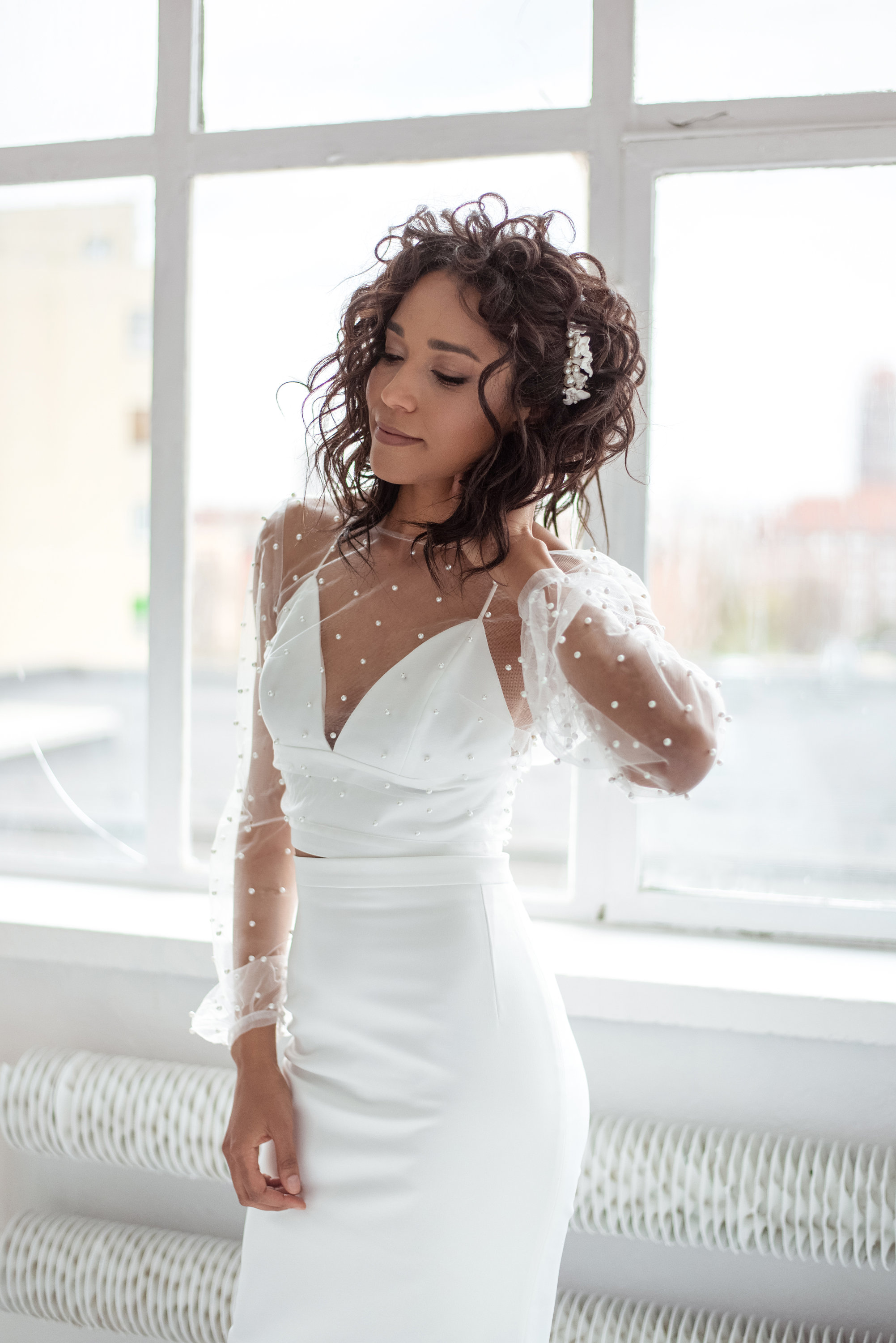 Pearl Sheer Top Modern Wedding Dress Bishop Sleeve V Shaped