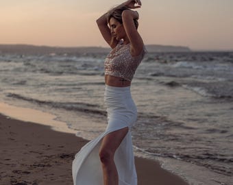 Drapped wedding skirt, Modern wedding dress, minimalistic bridal gown, Two piece wedding dress