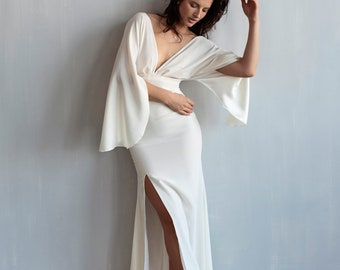 Eva-Hochzeitskleid, modernes minimalistisches Hochzeitskleid, Satinkleid mit V-förmigem Rücken, Brautkleid mit schlanker Silhouette, Traumkleid