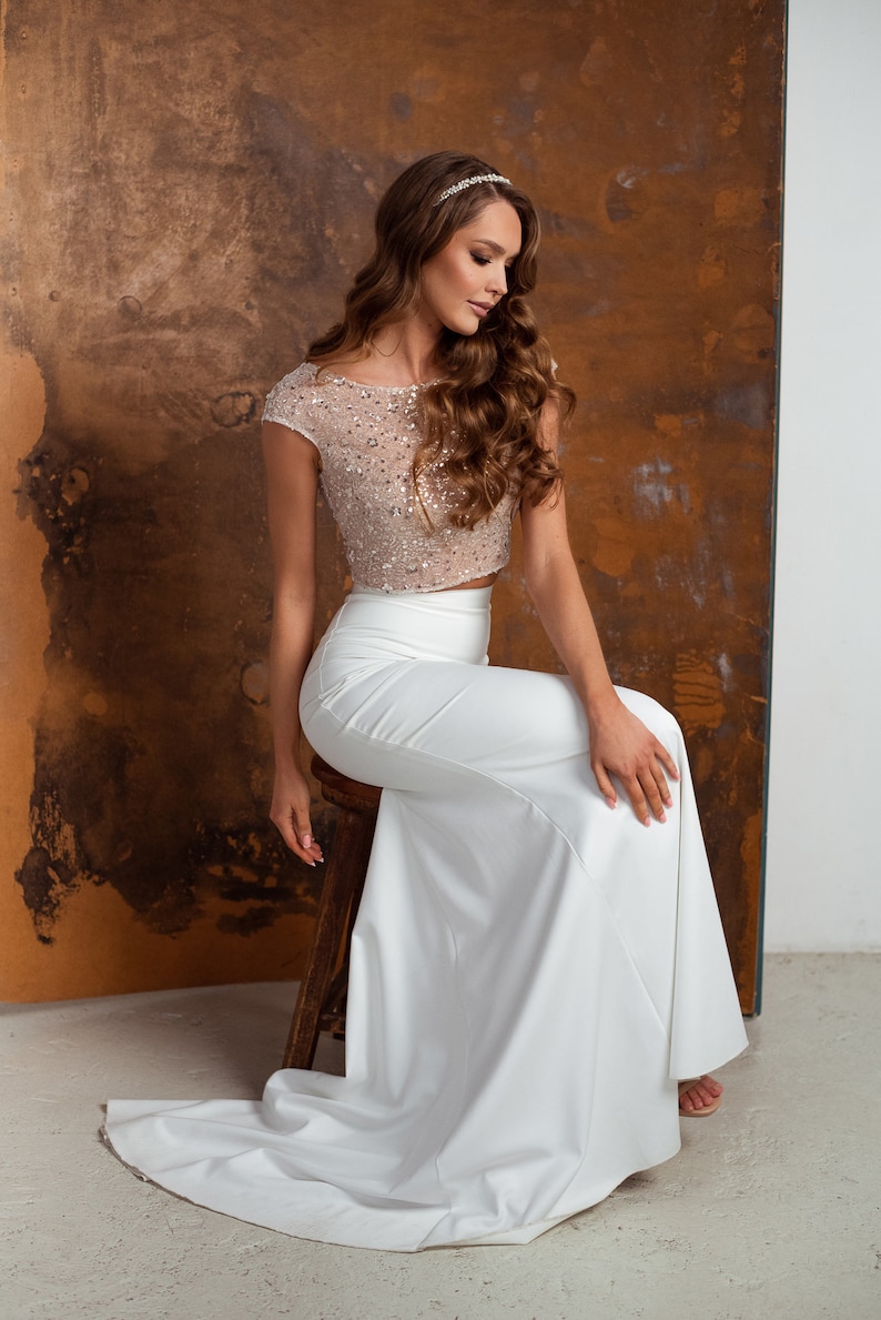 Sequin cape sleeves separed top, Modern wedding dress, Sparkly bridal gown, Two piece wedding dress image 3