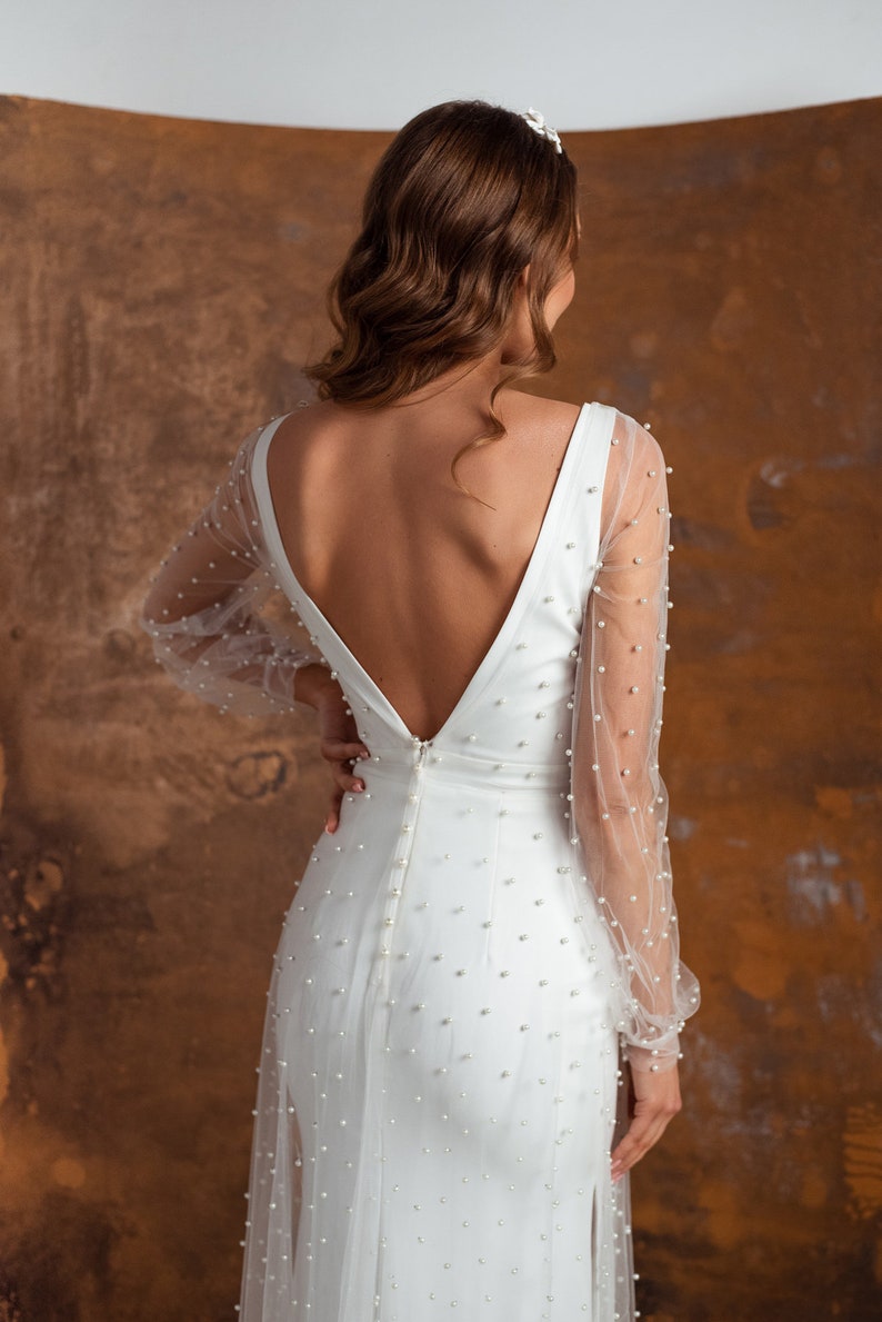 Pearl overlay gown, Modern wedding dress, Bishop sleeve, V shaped dress image 2