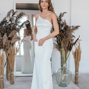 Camila gown, Modern minimalist wedding dress, Asymetric dress, One shoulder satin dress, Sleek silhouette bridal gown, reception dress image 3
