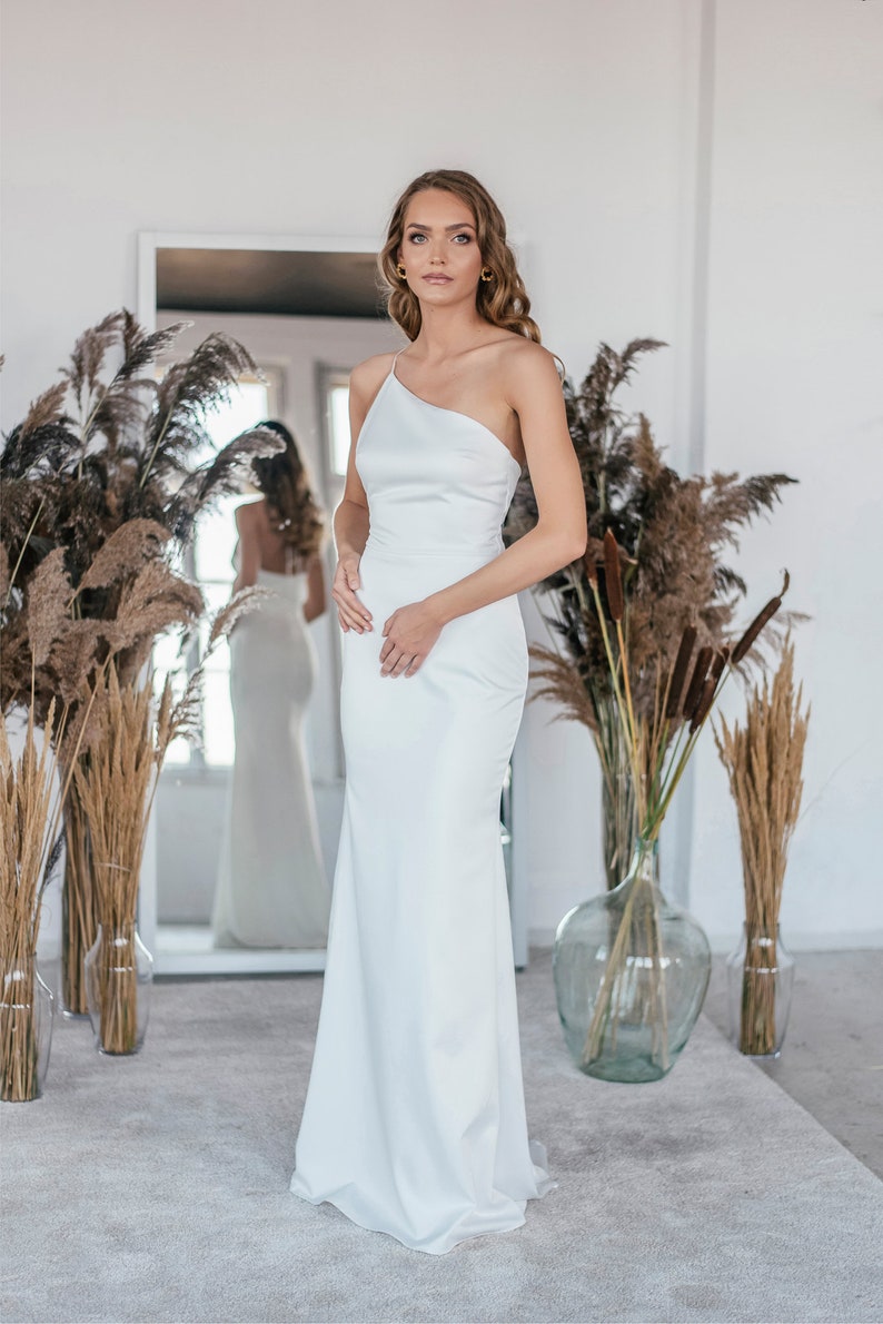 Camila gown, Modern minimalist wedding dress, Asymetric dress, One shoulder satin dress, Sleek silhouette bridal gown, reception dress image 3