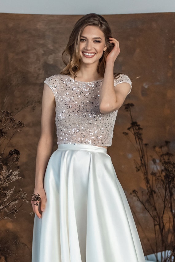Antologi donor Støvet Sequin Cape Sleeves Separed Top Modern Wedding Dress Sparkly - Etsy