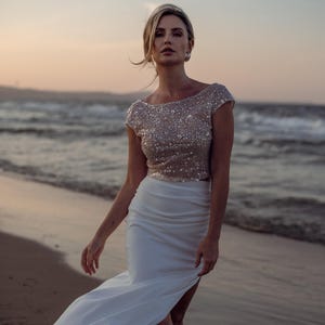 Sequin cape sleeves separed top, Modern wedding dress, Sparkly bridal gown, Two piece wedding dress