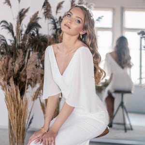 Florence gown, Modern minimalist wedding dress, Angel sleeves, V shaped back satin dress, Sleek silhouette bridal gown